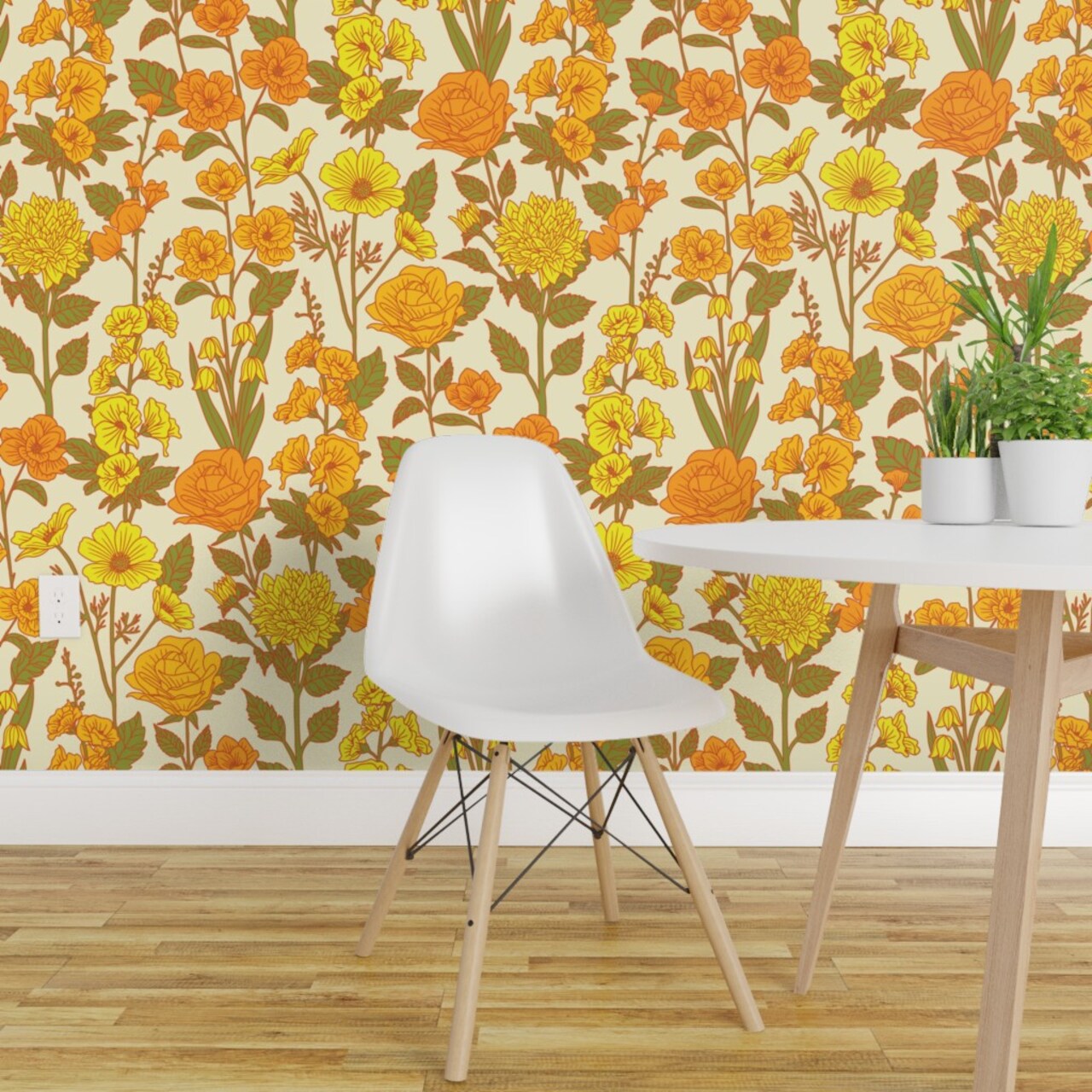 Peel &#x26; Stick Wallpaper 2FT Wide Retro Floral Yellow Orange Green 1970S Flowers Botanical Custom Removable Wallpaper by Spoonflower
